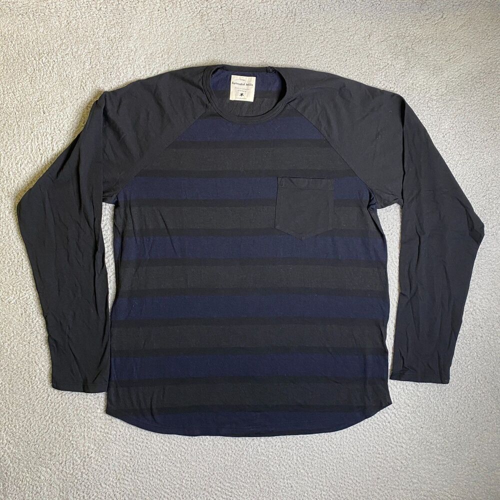 Splendid Mills Shirt Men Large Gray Black Blue Striped Long Sleeve Pocket Casual